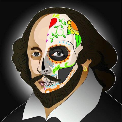 painting of shakespeare with half of his face as a sugar skull