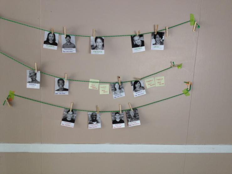 pictures strung up on a clothesline