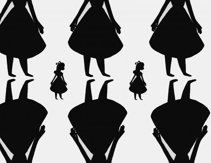 Eight doll-like silhouettes.