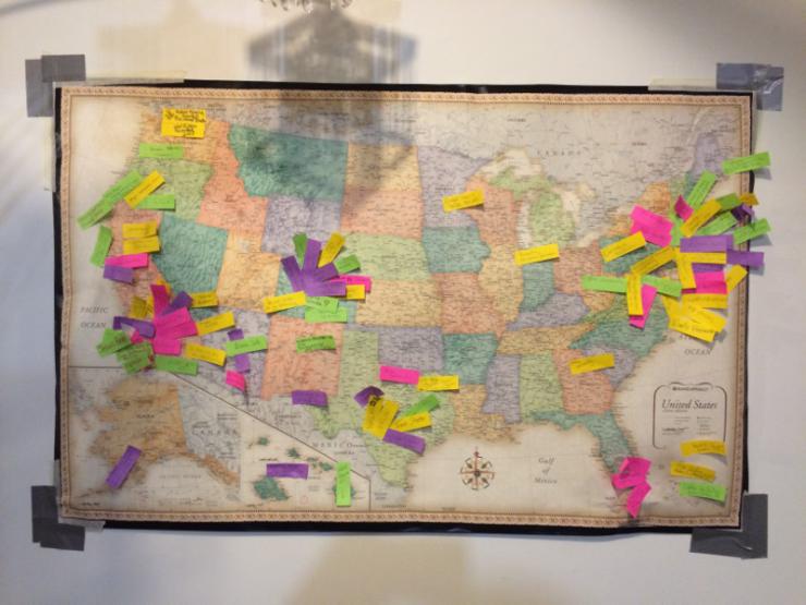 a map with sticky notes
