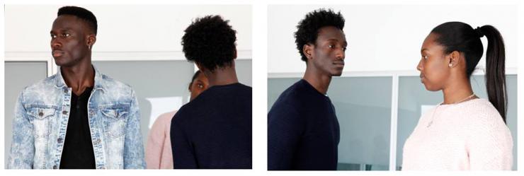 first panel: one performer looks out, another performer's back is turned. second panel: two performers look at each other