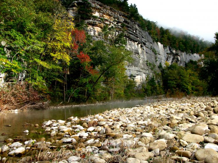 A stream surrounded by colorful trees and Roark Bluff cliff face.