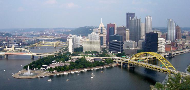 Aerial photo of Pittsburgh skyline.