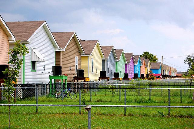 A long line of multicolored pastel houses.