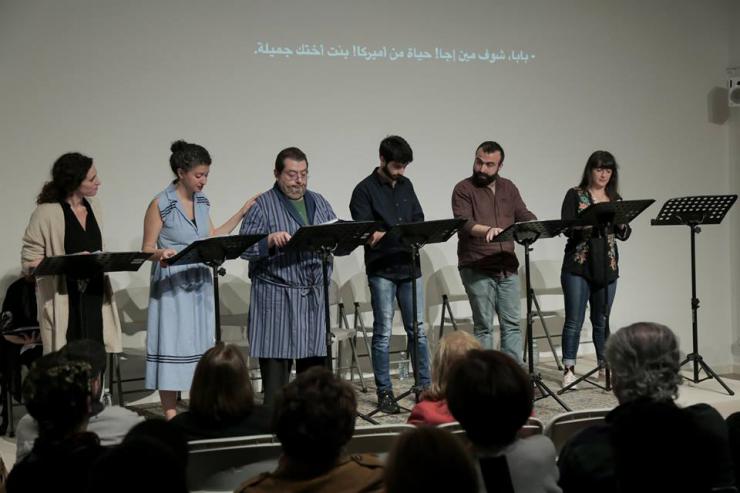six performers at a staged reading
