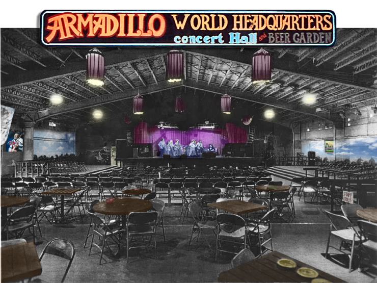 The interior of Armadillo World Headquarters, where a band rehearses on stage while the house is empty.
