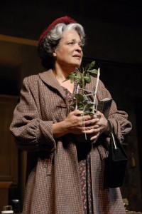 An actor playing Mama in "A Raisin in the Sun" stands holding a plant on-stage.