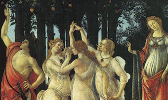 A classical art piece showing three women dancing.