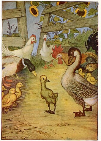 A painting of a duckling on a farm with other birds looking at it
