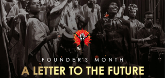 Photo of people with National Black Theatre's logo and the text "founder's Month a ltter to the future"