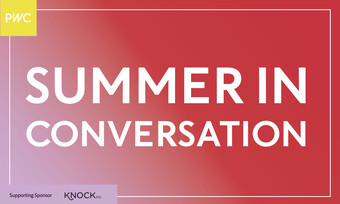 Text: Summer in Conversation on top of a red background.