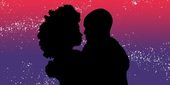 silhouette of two people embracing, with a red and purple starry background.