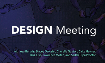 a purple background with the text "DESIGN meeting" and the event participants names listed.