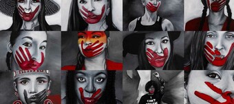 portraits of women in black and white with red handprints over their mouths.