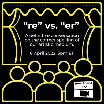 April Fool's event poster for conversation about Theatre spelled with re or er.