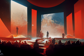 Concept art for a mostly red stage with a starry sky backdrop.