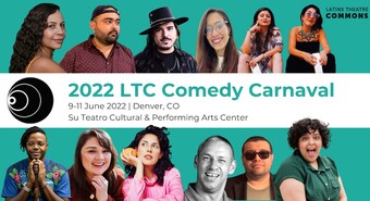 LTC Comedy Carnaval banner with six headshots on top and six headshots on the bottom.