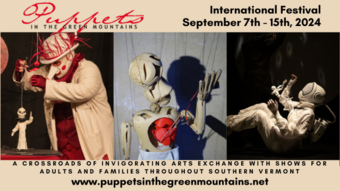 event poster for the puppets in the green mountains 2024 festival.