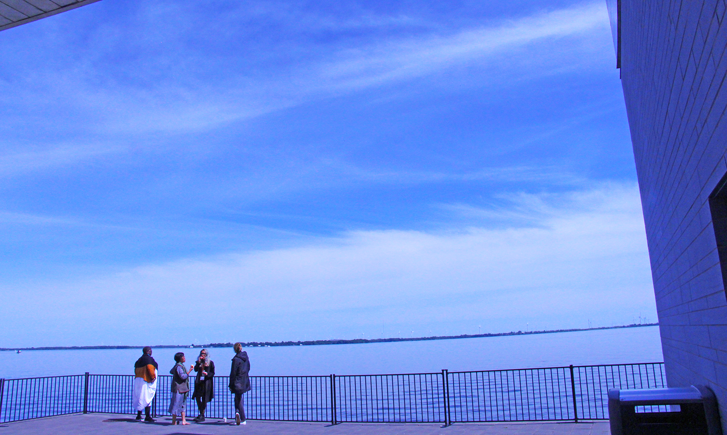 four people standing on a deck overlooking lake ontario