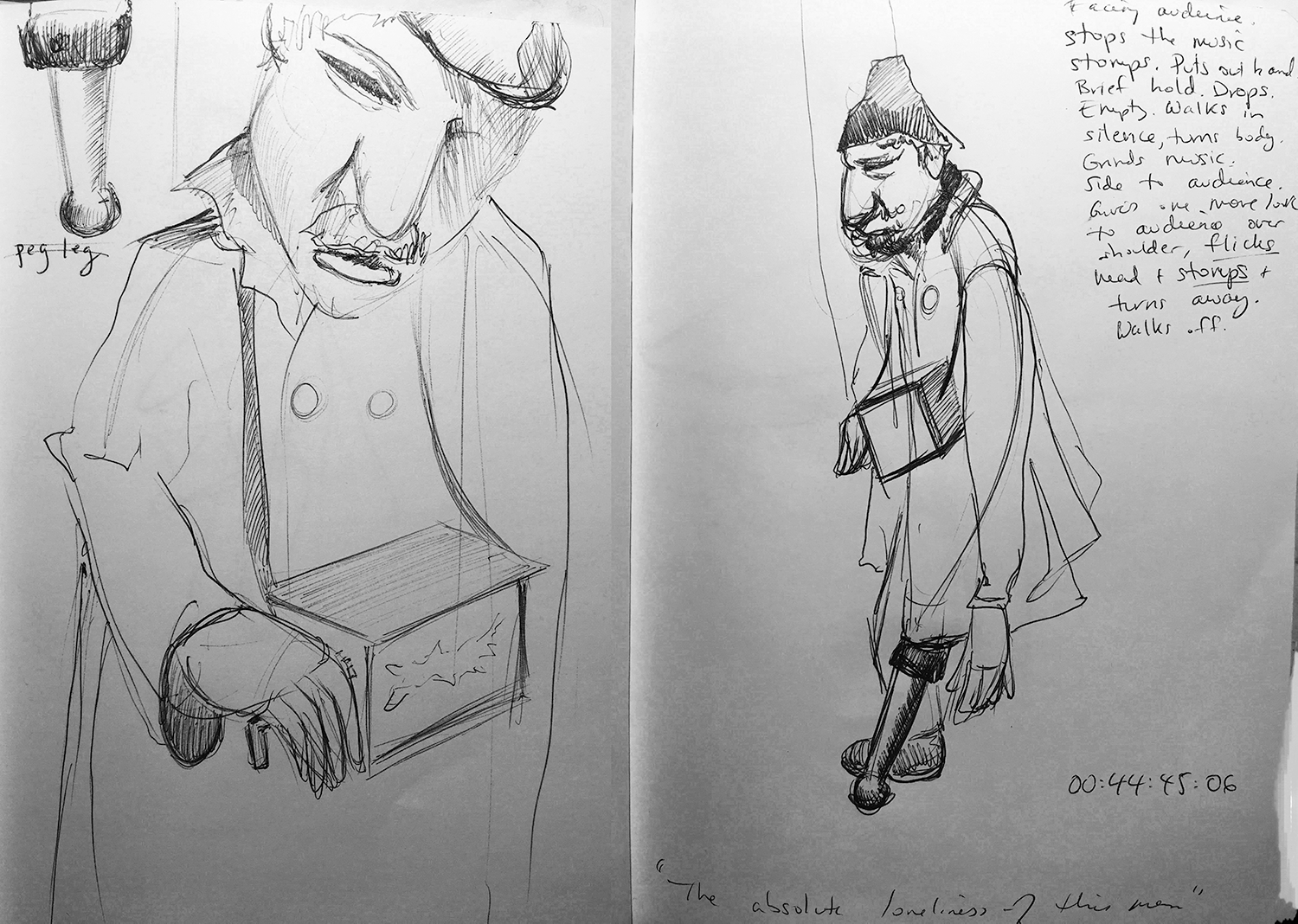Two black pen drawings on white paper. On the left, a close-up of Albrecht Roser's marionette from the front. The face is cocked somewhat to the side and downwards, its eyes dark slits. It wears a hat, and the right hand is on the handle of the music box hanging on the puppets neck. On the top left corner of the page the puppets peg-leg is drawn and labeled. On the right of the page, a full-body sketch of the puppet is shown. The puppet is fully in profile, looking to the viewers left, with the peg-leg rest