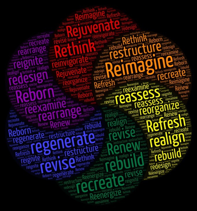 A brightly colored word cloud in the shape of a flower. Words like reimagine, reinvigorate, recreate, and regenerate in red, orange, yellow, green, blue, and purple form petals that swirl in a clockwise direction.  
