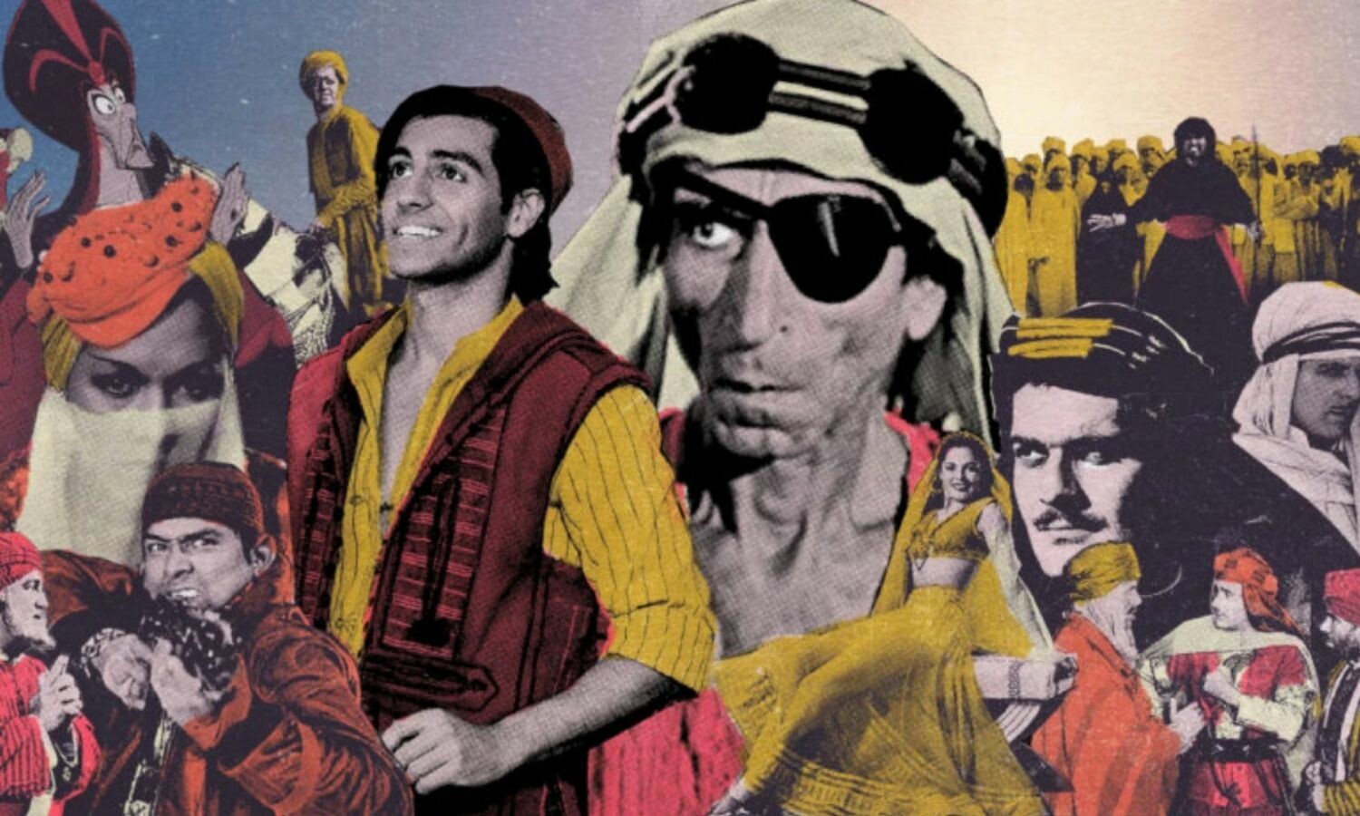 A collage of stereotypical Middle Eastern figures, most recognizable from left to right are Jafar, a woman with a veil covering her face from the eyes down, an angry man with a machine gun, Aladdin, a belly dancer, and men with Middle Eastern head wraps.