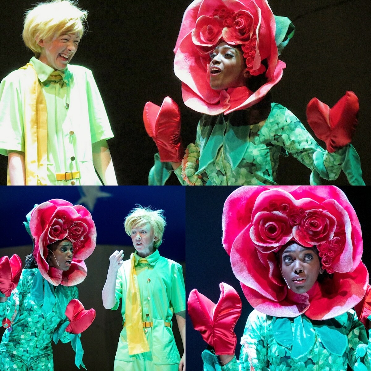 A collage of  three images featuring two actors. In each image, one actor is dressed as a flower and the other where's a bright yellow shirt, scarf with messy hair.  