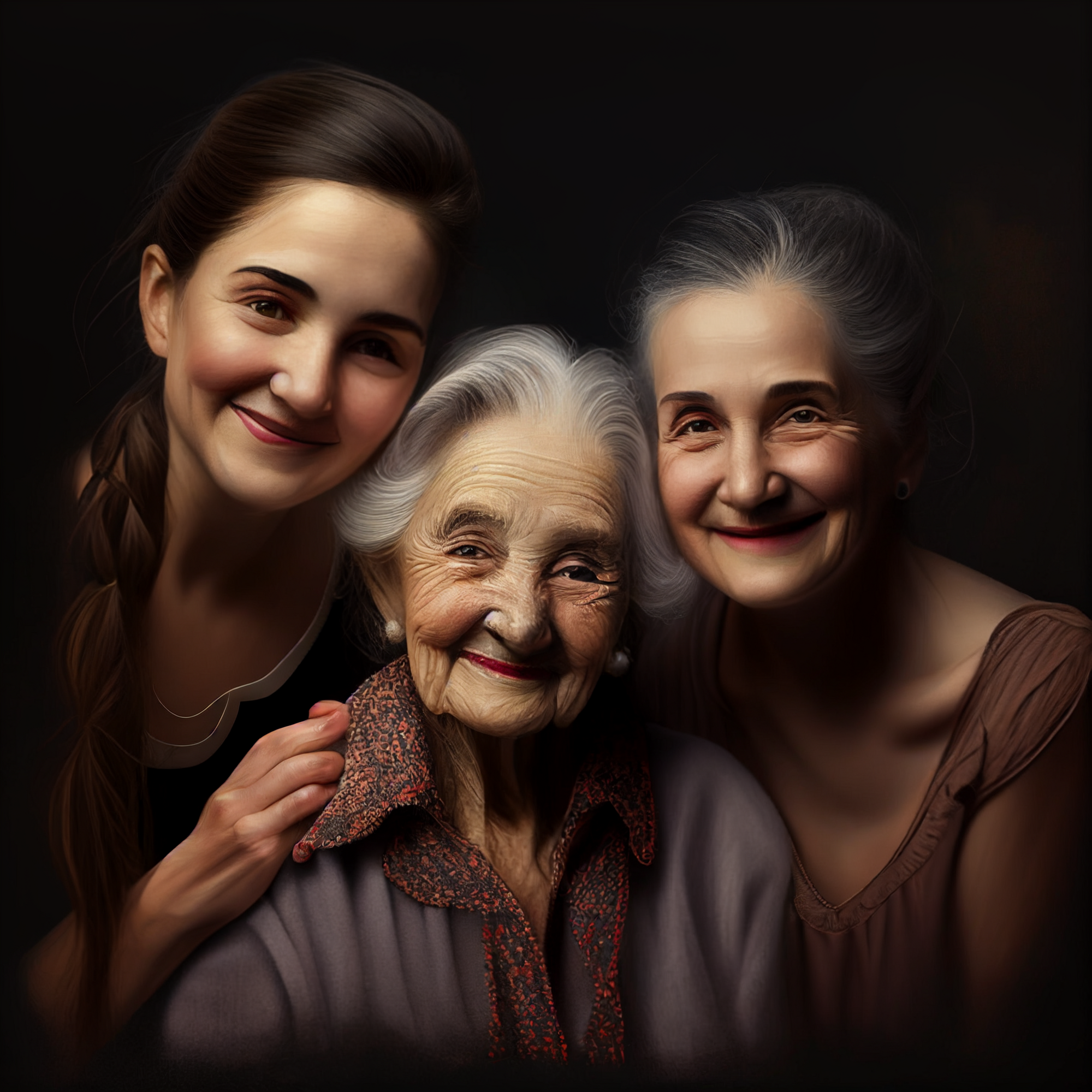 An AI-generated image of three generations of women.