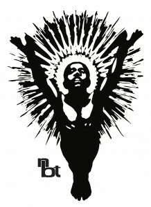 A logo for NBT, which features a person with their arms stretched upward surrounded by a starburst halo.